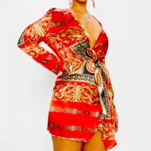 Pretty little thing red baroque print silk long sleeve wrap dress size 2 NWT